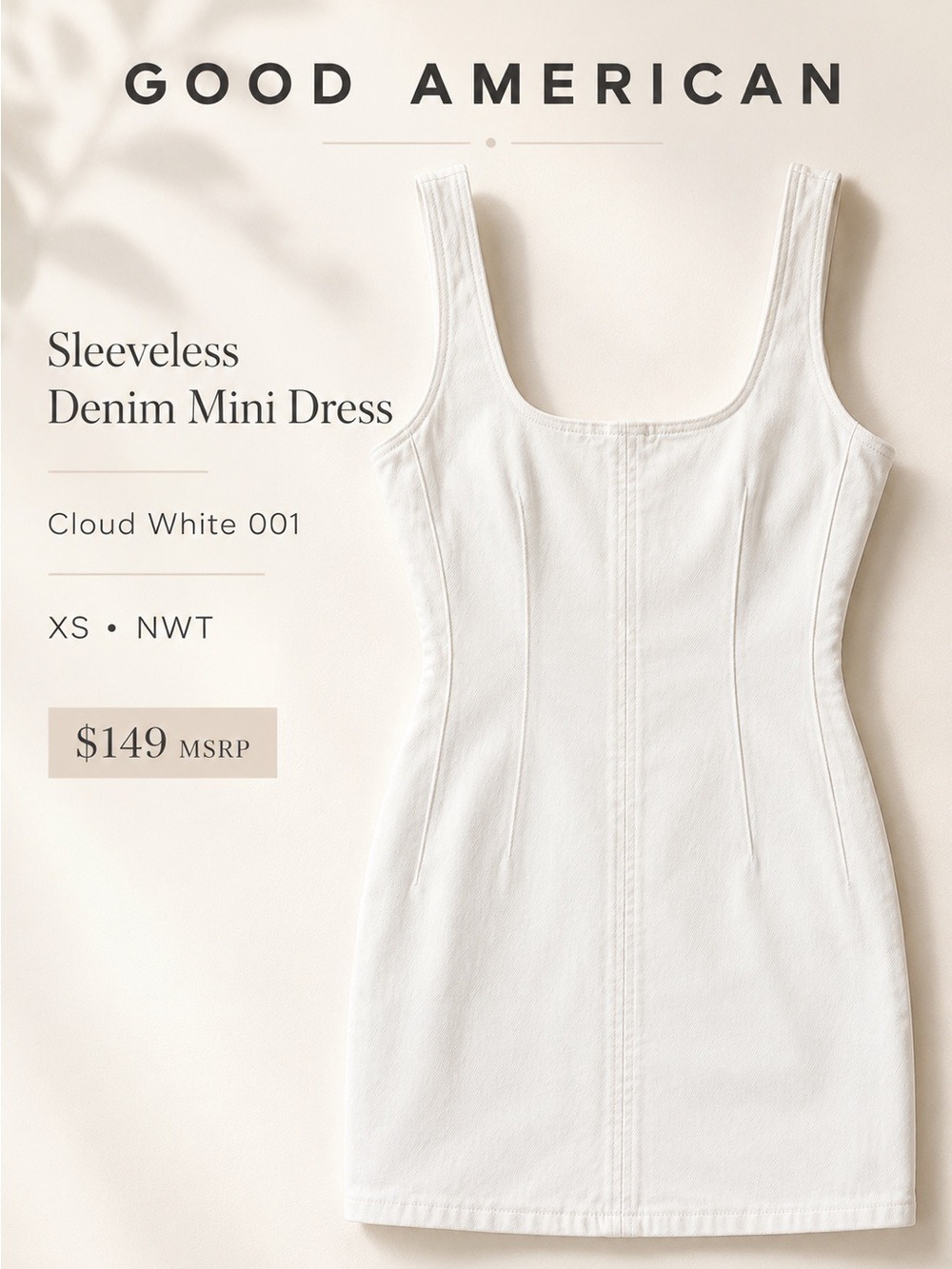 NWT $149 Good American Denim Shift Mini Dress – Cloud White – XS